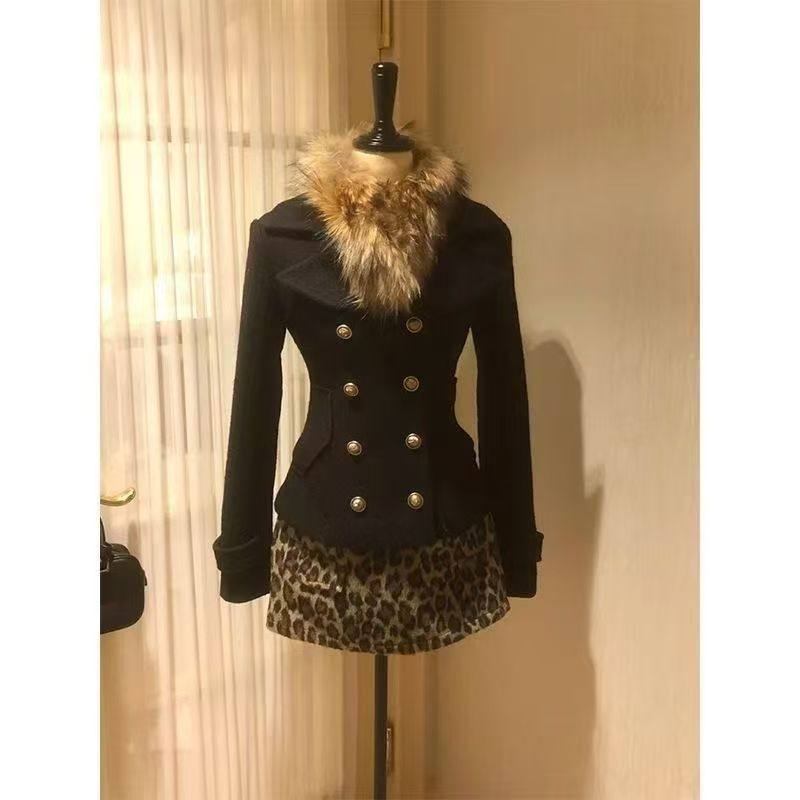 涩谷辣妹风复古毛领双排扣+毛呢外套和豹纹性感半身裙套装,淘宝优惠券,粉丝福利购,淘宝优惠卷