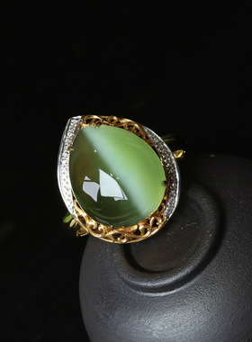 天然和田玉碧玉猫眼戒指18k金镶嵌玉石指环送礼物