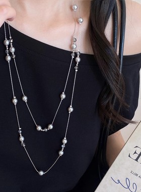 双层满天星灰色珍珠项链女高级感叠戴长款毛衣链秋冬百搭网红配饰