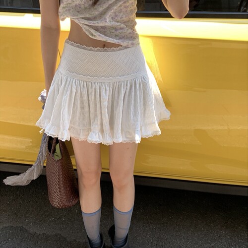 法式休闲芭蕾风蕾丝花边A字短裙女春秋内搭夏季白色蓬蓬半身裙裤 - 图1