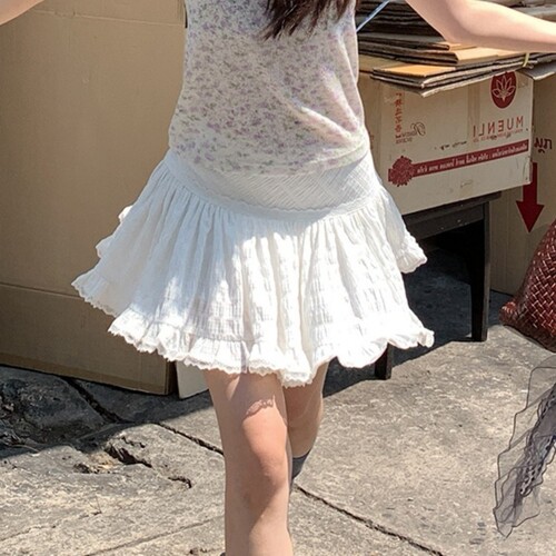 法式休闲芭蕾风蕾丝花边A字短裙女春秋内搭夏季白色蓬蓬半身裙裤 - 图0