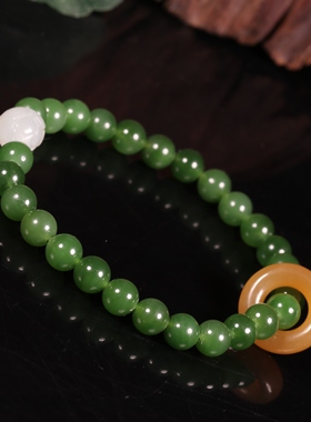 惹石和田玉籽料碧玉圆珠多宝手链