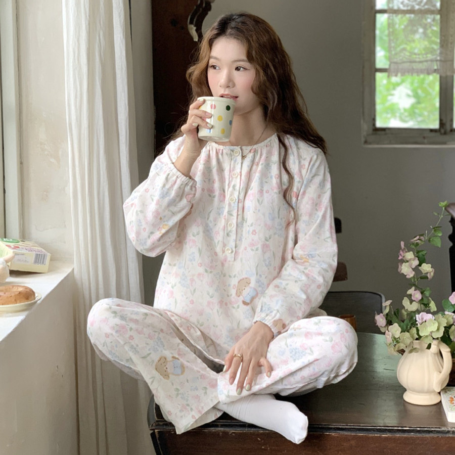 春夏薄款带胸垫月子服套装长袖纯棉纱布孕妇喂奶产妇产后哺乳睡衣,淘宝优惠券,粉丝福利购,淘宝优惠卷