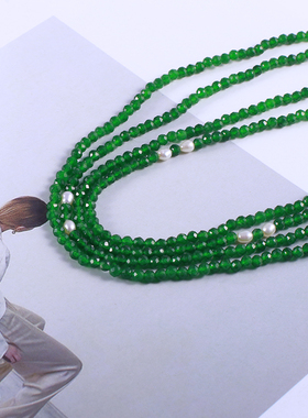 2025新款时尚简约欧美风可叠戴绿色点缀串珠珍珠吊坠女长款项链