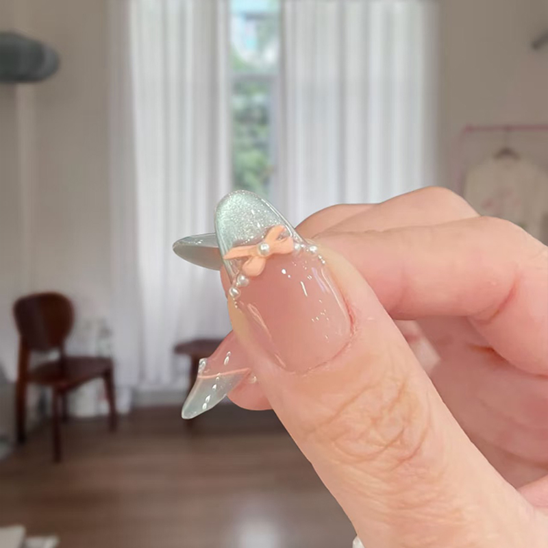 夏日新款温柔显白冰蓝色法式猫眼蝴蝶结美甲成品手工定制穿戴甲 - 图1