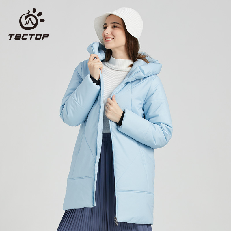 TECTOP探拓户外女士款冬季防风加厚保暖棉服连帽外套中长款棉衣