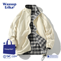 WASSUP ERIKA Double-sided wearing jacket Male Fall Japanese Striped Lattice Coat 100 Hitch Casual Mens Dress Damp