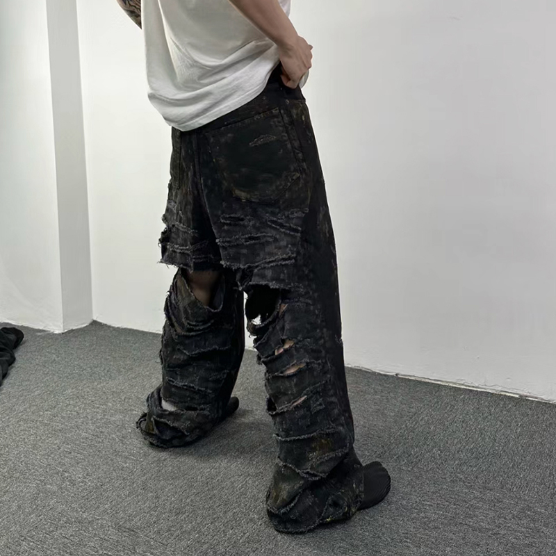 Super Destroyed Denim 重磅大破坏泥染手工做旧泼墨阔腿牛仔裤潮 - 图3