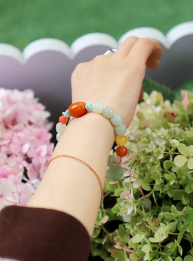 9*10mm和田玉手串女晴水搭配蜜蜡南红纯手工女士手镯礼物碧玉手链