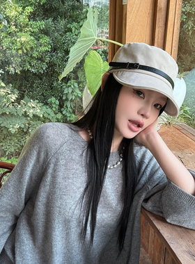 韩国出口麂皮绒平顶皮扣马术帽女