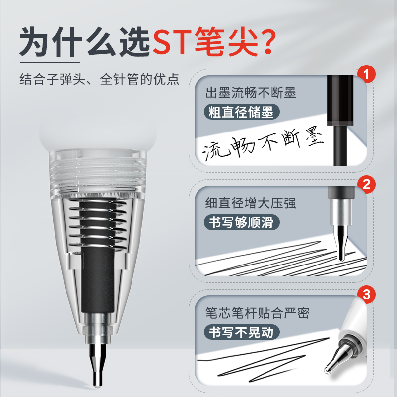 晨光ST头按动笔芯速干中性笔黑色0.5mm碳素笔黑笔刷题笔桶装可替芯批发签字笔学生考试专用针管头官方旗舰店 - 图0