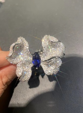 锆石蝴蝶戒指925纯银密镶41*28MM鸡尾酒会戒指可调节