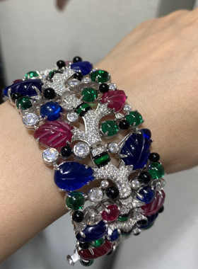 水果锦囊手链树叶红绿蓝混色925纯银锆石人工宝石宽俏立气质