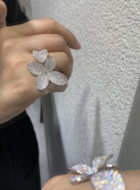 欧美名星同款花朵戒指可调节戒圈925纯银锆石开口戒食指鸡尾酒会
