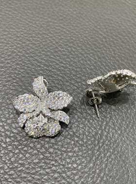 925纯银镶锆石花朵耳钉 25*25MM兰花耳环 俏立