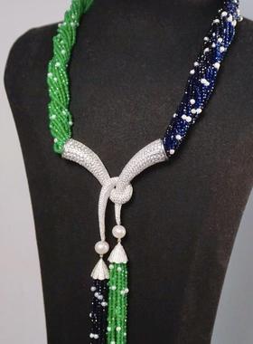 欧美款  蓝绿混色 天然淡水珍珠流苏吊坠项链 Party 晚宴款 纯银