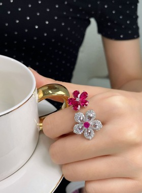 双朵花戒指培育红宝石925纯银锆石 俏立