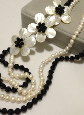 水晶毛衣链长款多层花朵天然珍珠