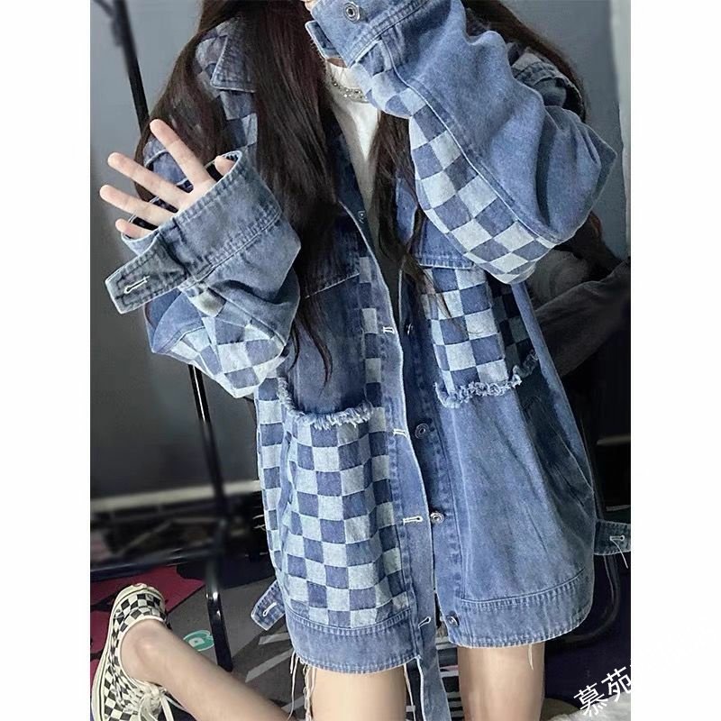 酷盐系穿搭棋盘格拼接开衫水洗夹克 慕苑短外套