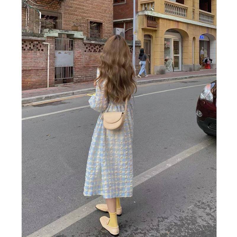 法式甜美泡泡袖百搭复古格子连衣裙 慕苑连衣裙