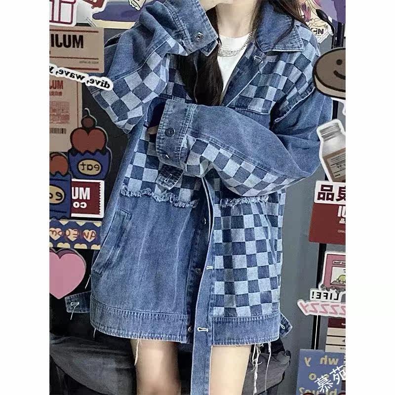 酷盐系穿搭棋盘格拼接开衫水洗夹克 慕苑短外套