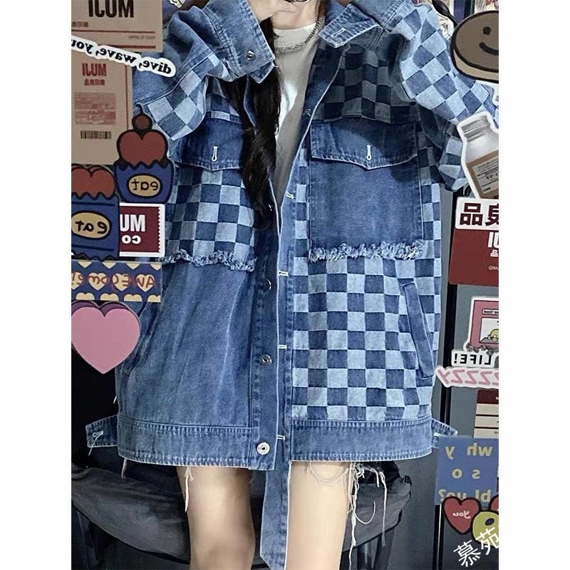 酷盐系穿搭棋盘格拼接开衫水洗夹克 慕苑短外套