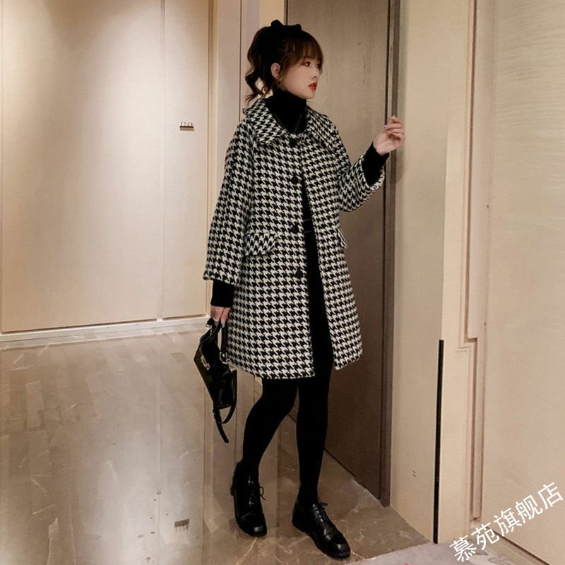 大码mm千鸟格冬中长款加棉大衣 慕苑毛呢外套