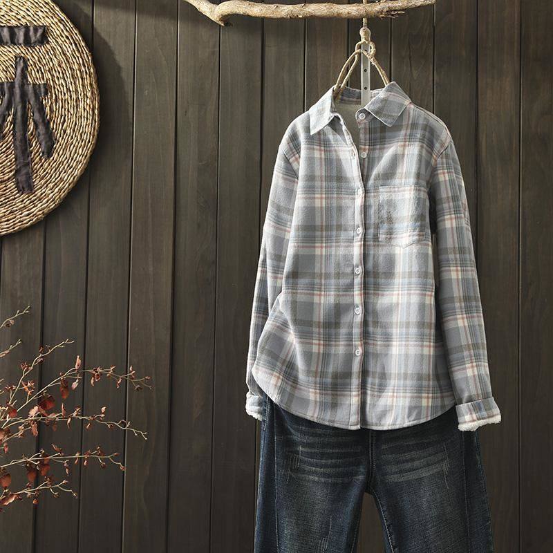 新款文艺加绒衬衫加厚条纹打底衫 慕苑衬衫