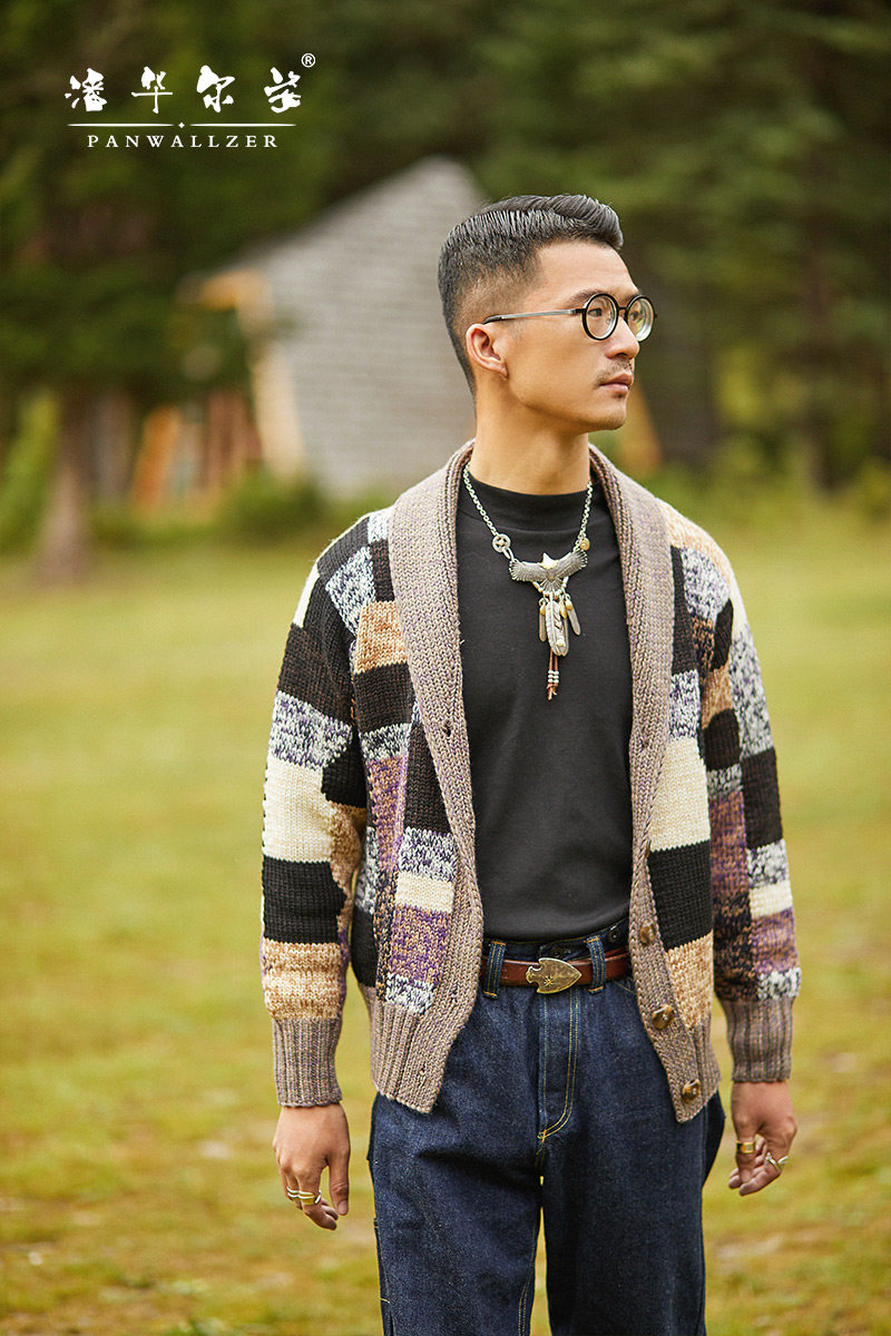 潘毛衣小哥设计新款纯手工织羊毛衫不规则撞色青果领外套秋冬定制