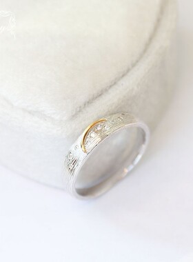 日系*风月亮星碎条纹拼色925纯银镀金戒指个性简约时尚银色