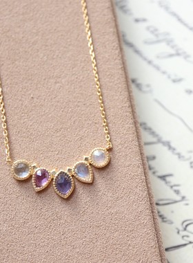 日系A家 圣诞限定同款 天然拉长石紫水晶弧形水滴项链s925银镀金