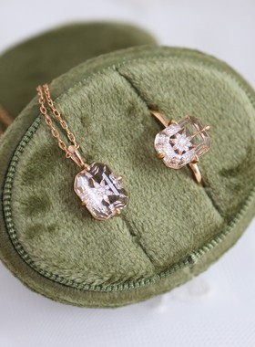 日系SJ圣诞限定天然白水晶星芒透视方块复古个性戒指 项链s925银