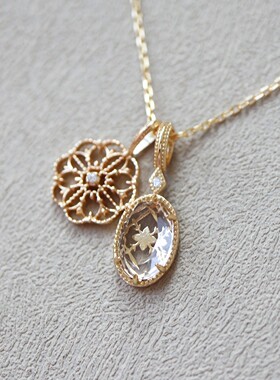 日系镂空蕾丝双吊坠白水晶项链甜美龙心同款精致s925银镀金礼物女