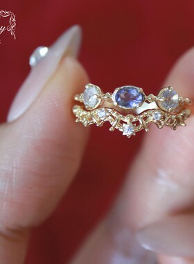 日系复古nojes*同款天然堇青石/拉长石镂空印花宫廷戒指925银镀金
