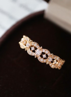 日系SJ圣诞限定同款复古华丽镂空唯美闪烁印花锆石戒指s925银镀金