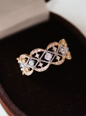 日系SJ圣诞限定同款复古华丽镂空唯美闪烁印花锆石戒指s925银镀金