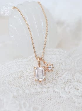 香草冰糖 天然白水晶雪花方块透明项链925银镀金