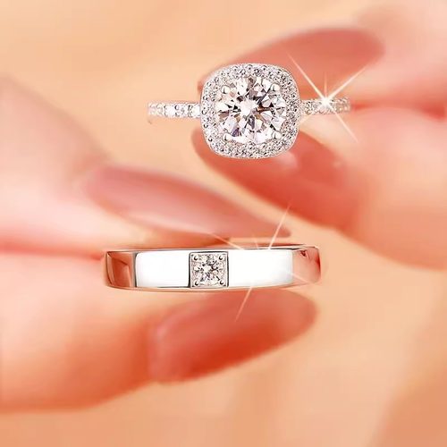 正品莫桑石钻戒女情侣对戒男一对纯银1克拉方包求婚结婚戒指礼物 - 图2