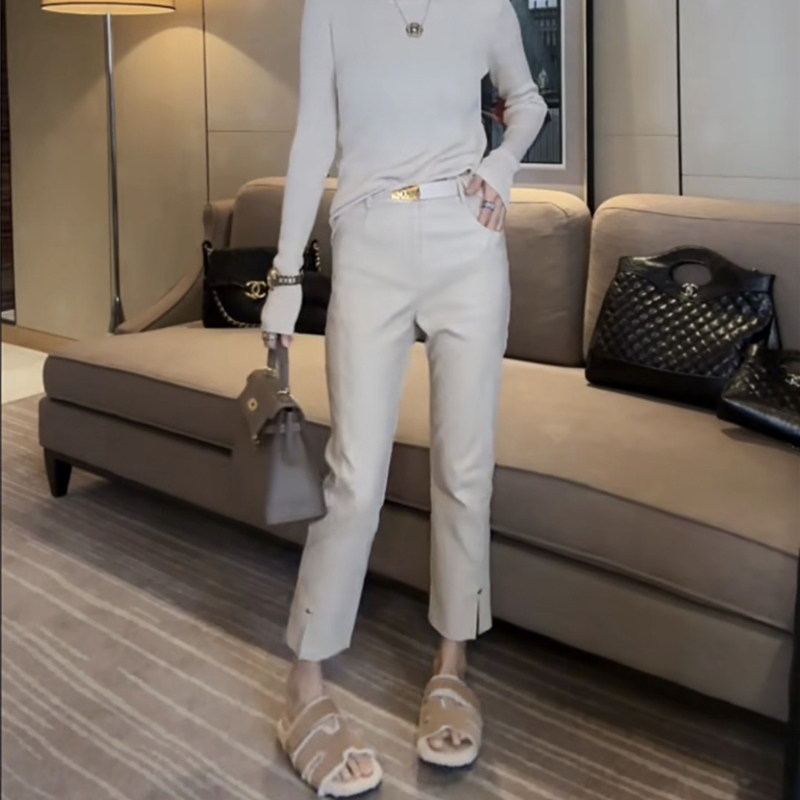 2025秋季新款涂层皮裤女侧开叉铆钉直筒九分烟管裤靴裤休闲裤女,淘宝优惠券,粉丝福利购,淘宝优惠卷