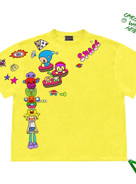 夏季个性独特space卡通圆领短袖T恤复古学院风半袖上衣慵懒风tee