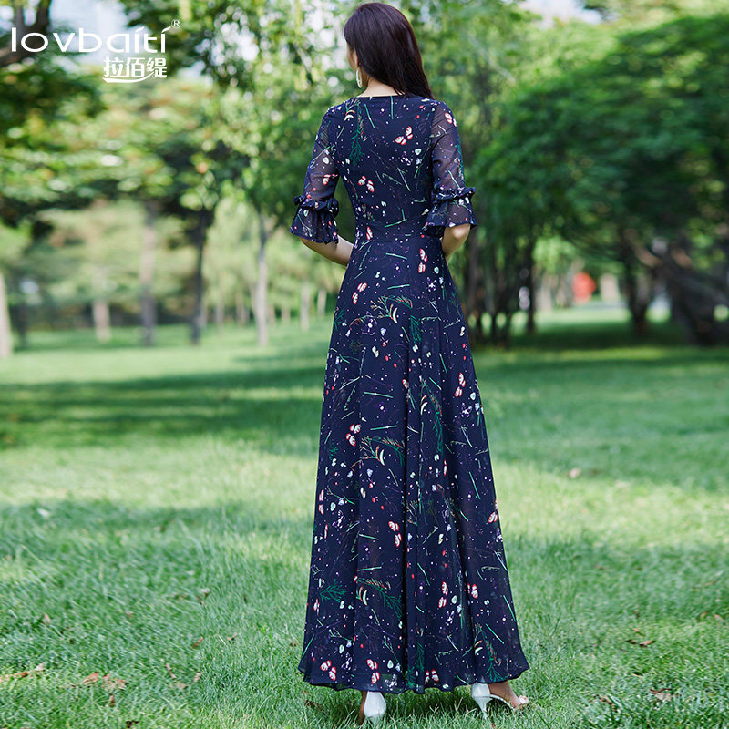 雪纺碎花2020新款夏荷叶袖气质长裙 拉佰缇连衣裙