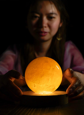 夜灯方解石球木底座彩色球石头工艺品天然白水晶摆件礼物