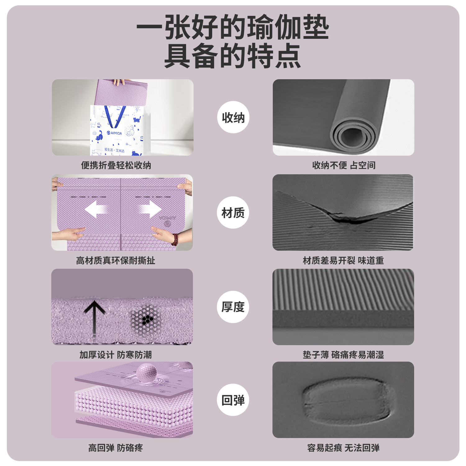 艾米达折叠瑜伽垫便携无味防滑tpe女生专用地垫家用健身午休午睡