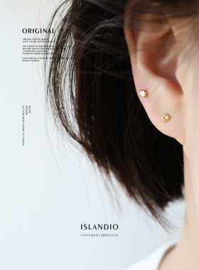 ISLANDIO金黄宝石18K金迷你小耳钉发财小太阳黄水晶纯银耳骨钉女