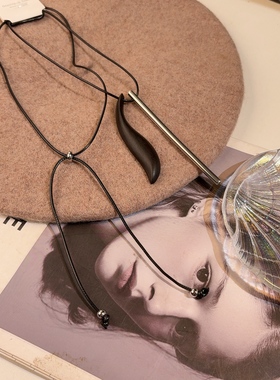 极简风木头银条吊坠项链女中式复古气质皮绳毛衣链长款吊坠