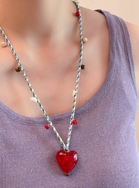 民族风彩色编织棉绳毛衣链手编长款红色爱心项链吊坠