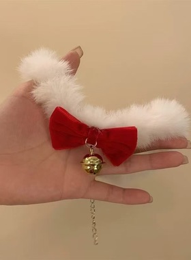 圣诞节白色毛绒choker蝴蝶结铃铛项圈女秋冬高级感锁骨链