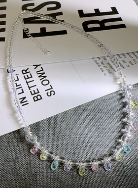 透明水晶彩色水滴吊坠项链女轻奢精致锁骨链高级感链条饰品