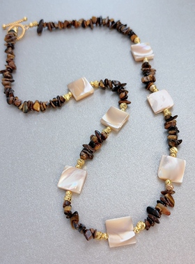 天然石串珠项链女镀金方形贝壳装饰叠戴复古民族风锁骨链