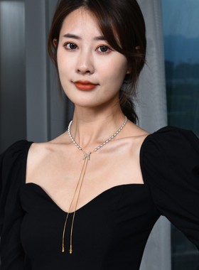 潮流百搭时尚个性珍珠项链小众吊坠冷淡风满钻蝴蝶抽拉锁骨链